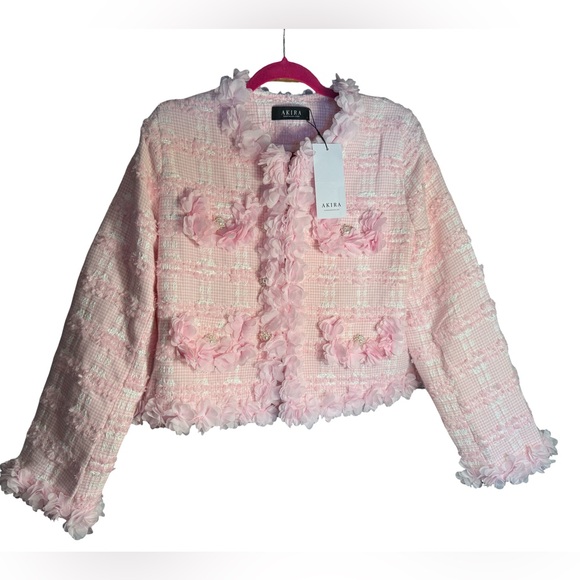 AKIRA NWT Size L Springtime Pretty Soft Pink Tweed Long Sleeve Blazer (0730) - Picture 5 of 11